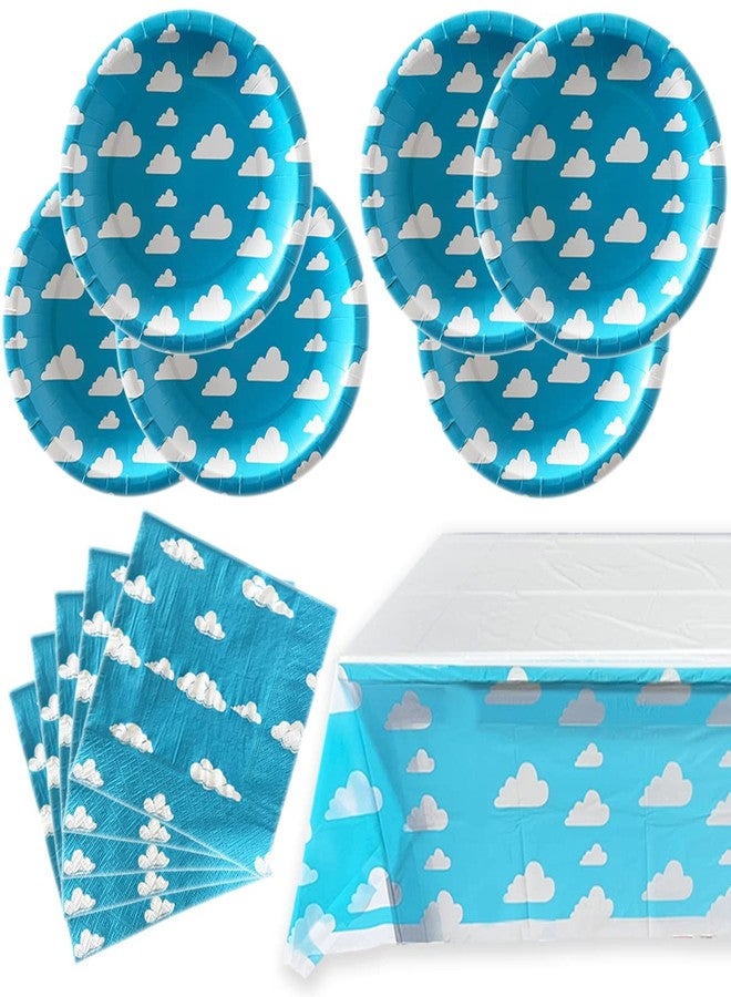 OULUN Blue Sky White Clouds Birthday Party Supplies, 20 Plates and 20 Napkins and Tablecloth71 '' x 42.5 '', Blue Sky Cartoon Theme Birthday Party Decorations for Baby Kids Shower - Image 1